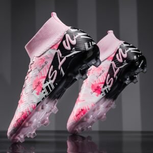 High-Top FG Soccer Cleats for Men & Women Lightweight, Non-Slip, Trendy Yellow & Black Design with Flame Patterns,