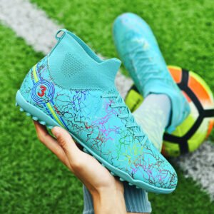 High-Top Soccer Cleats - Lightweight Breathable Soccer Shoes with Turquoise/Purple Accents